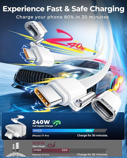 SHEZI Braided USB C to USB C Cable, 240W 4 in 1 Charging Cable 5FT, Fast Charging USB A/C to Lightning/Type C for iPhone 17 16 15 14 Pro Max/MacBook/iPad/Samsung, Multi Charger Cords for All Devices