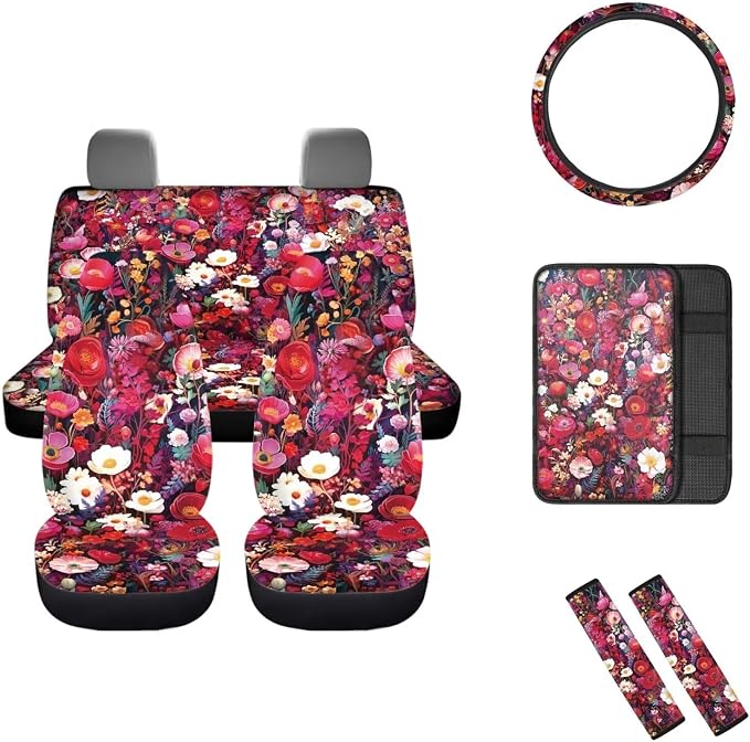 Mumeson Pink Flowers Car Seat Cover Set with Soft Neoprene Steering Wheel Cover + Soft Car Seatbelt Cushion Pad Car Armrest Cushion Cover Pad Car Accessories Decor