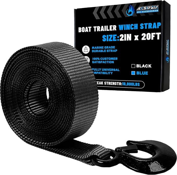 Boat Winch Strap with Hook (2" x 20ft) - 18,000lb Break Strength, Heavy Duty Replacement Trailer Winch Strap with Safety Hook - Fits Pontoon, Fishing Boat, Powerboat & Jet Ski Trailers.