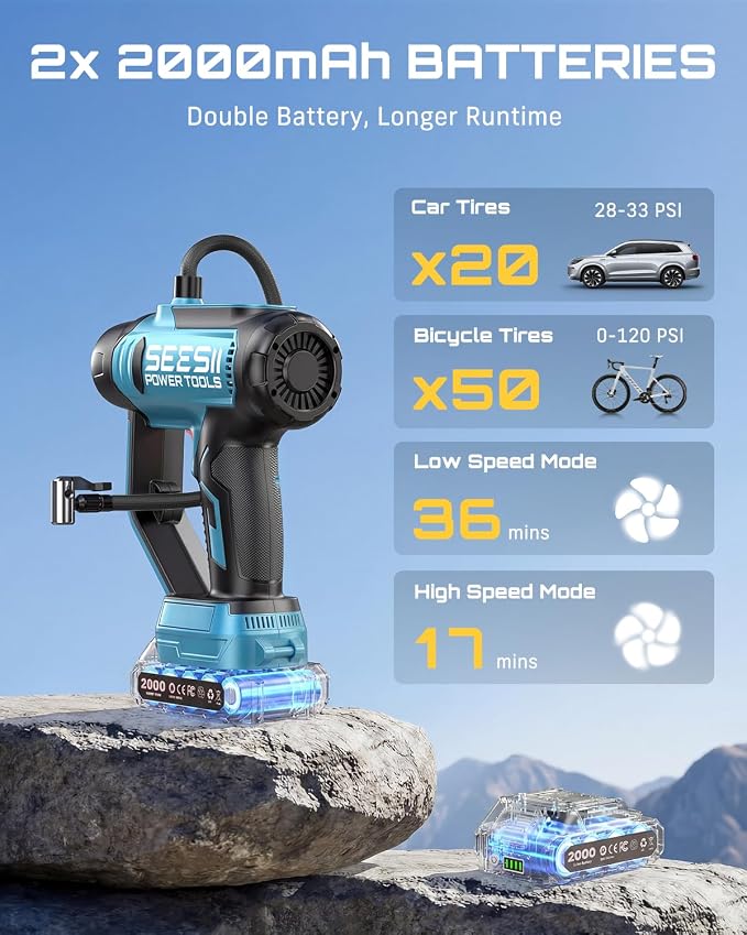 SEESII Tire Inflator Portable Air Compressor, 21V Cordless 150PSI Car Air Pump with 2×2000mAh Batteries, 2-IN-1 Tire Inflator & Car Vacuum 20000Pa Suction, Digital Gauge, LED Light for Car, Ball, Bike