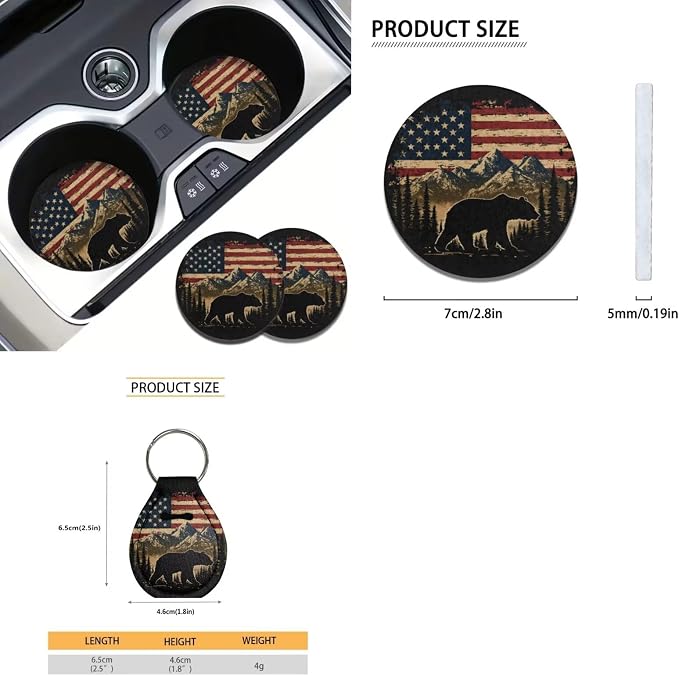 Xoenoiee Bear American Flag Pattern 11 Pieces Car Seat Covers Interior Accessories Set Universal Fit with Steering Wheel Cover, Seat Belt Pads, Keychain, Cup Coasters