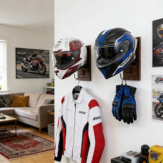 Helmet Holder Wall Mount, Motorcycle Helmet Rack, Motorcycle Helmet Stand, Helmet Hanger with Metal Hook, Easy Storage for Helmets, Caps, Sportswear, Hats, Coats & Motorcycle Gear (2 Pack)