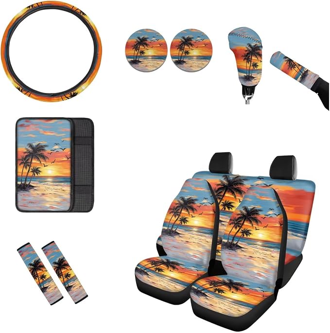 BIGCARJOB Hawaii Palm Car Seat Covers Set for Front and Rear 12 Pcs Car Interior Accessories Full Set with Console Cover,Steering Wheel Covers,Seat Belt Pads