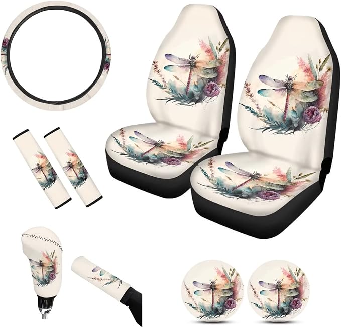 Tupalatus 9 Pack Car Seat Covers Set Gear Shift Knob Cover,Car Handbrake Cover,Seat Belt Shoulder Pads,Car Coaster,Steering Wheel Cover Interior Accessories Universal Fit, Retro Dragonfly Floral Beige