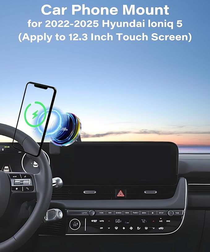 Car Phone Holder for 2022 2023 2024 2025 Hyundai loniq 5 Accessories Apply to 12.3 Inch Touchscreen 15W Fast Wireless Charger Screen Fixed Clip HandsFree Cell Phone Mount 360° Rotation