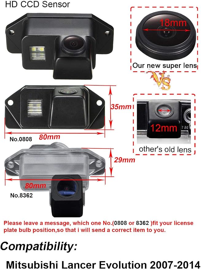 HD IP68 1280Pixels Auto Vehicle Car Van 170° Wide Angle License Plate Light Rear View Reversing Backup Camera Parking Aids System Compatible with Mitsubishi Lancer Evolution 2007-2014