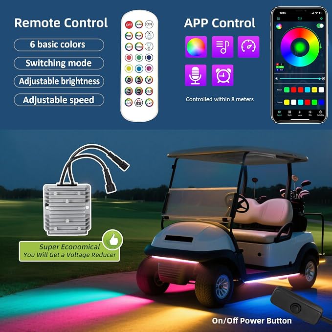 Golf Cart LED Light Strip, LED Lights Underbody Underglow Kit, Neon Strips Lighting, Universal Compatible with EZGO Club Car Yamaha, 12V - 80V Input, Muti-Color, Music Sync & Waterproof, 4PCS