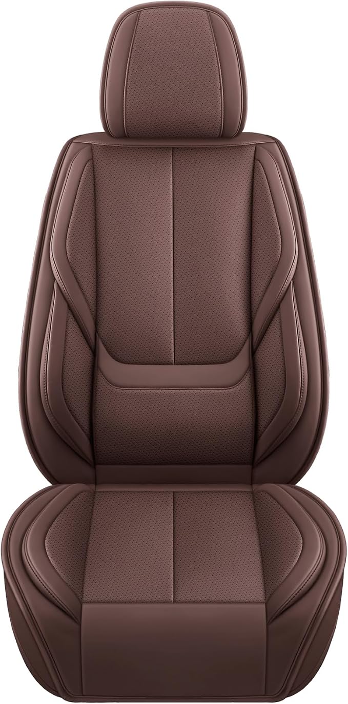 MINGBRON Car Seat Covers Full Set, Car Seat Cover Lumbar Support, Car Seat Protector Waterproof, Nappa Leather Car Seat Cushion, Front Seats and Back Fit for Most Cars Brown