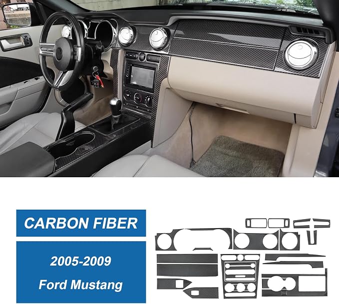 Real Carbon Fiber Interior Trim Kit Compatible with Ford Mustang 2005-2009, Interior Decor Sticker Accessories