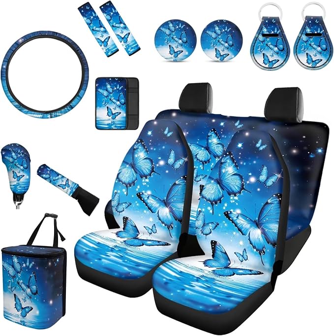 Forchrinse Blue Butterfly Car Seat Covers Full Set for Women 15Piece Beautiful Auto Accessories Set with Steering Wheel Cover Armrest Cover Seatbelt Pads Keyring Trash Can