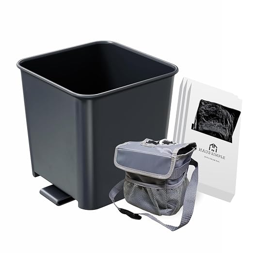Car Trash Can Bundle – Includes Small Gray Trash Can with Cover + Anti-Slip Floor Mat Clip + 3 Boxes of 20 Leakproof Trash Bags (60 Total) – Waterproof, Covered Garbage Bin for Cars, Trucks