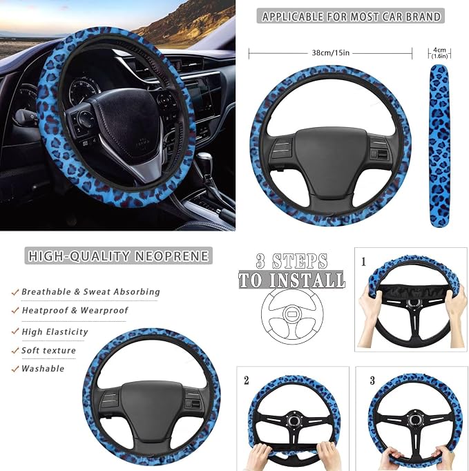 Howilath Blue Leopard Print Car Seat Cover Full Set with Steering Wheel Covers+Seat Belt Cover Pad+Keychains+Cup Coasters Fit Most Vehicle - 13 Piece