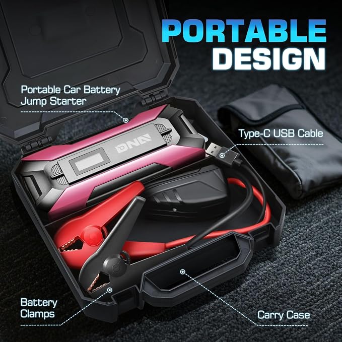 DNA Motoring TOOLS-00267 12V 1500A 15000 mAh Multi-Function Portable Car Battery Jump Starter for Up to 7.0L Gas & 5.5L Diesel Engine, with Carry Case, Pink