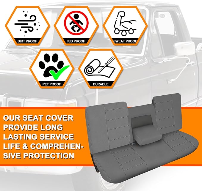 Truck Seat Cover Compatible with 1987-1991 Ford F150 Front Bench with Opening Armrest and Molded Headrest, Charcoal