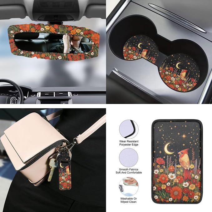 Cardinal Floral Moon Print Car Seat Cover Full Set with Auto Steering Wheel Cover Seat Belt Protector Armrest Pad Auto Rear View Mirror Protector Set of 15, Car Accessories Set, Orange