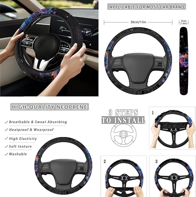 15 Pcs Rose Butterfly Car Seat Cover Full Set for Women with Car Steering Wheel Cover Seat Belt Cover Trash Bin Front Rear View Mirror Car Cup Holder Keychain