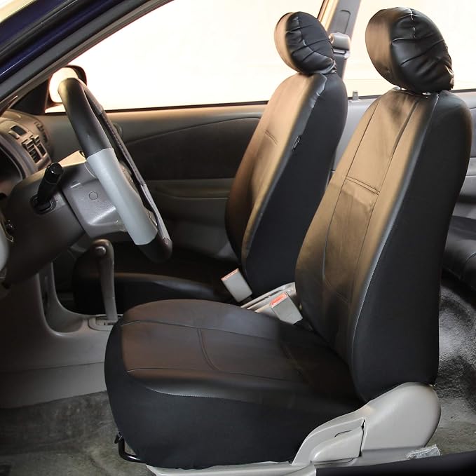 FH Group PU001114 + F11306 PU Leather Seat Covers (Black) Full Set – Universal Fit for Cars Trucks & SUVs