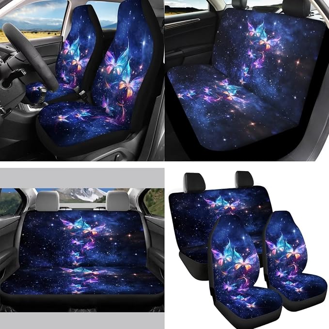Galaxy Butterfly Car Seat Cover Set - Purple Auto Steering Wheel & Rear View Mirror Covers, Wristlet Keychains, Coasters