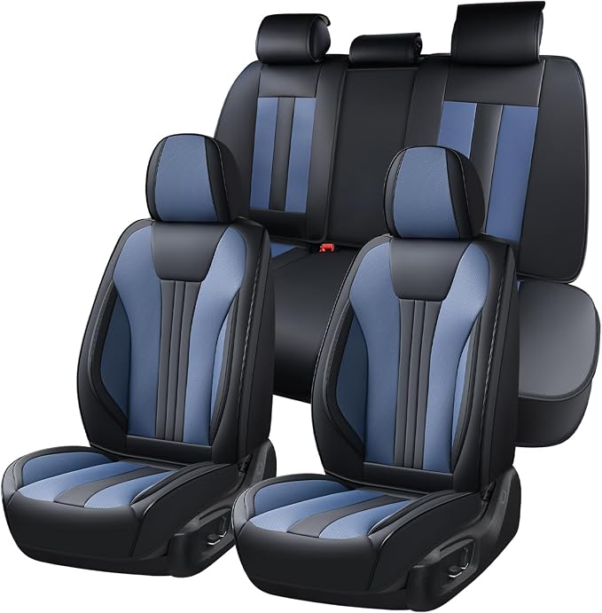 Huidasource Universal Car Seat Covers, Waterproof Faux Leather, Airbag Friendly, Easy Installation, Unobstructed Cup Holders, Scratch Resistant for Family Trips, Black & Blue