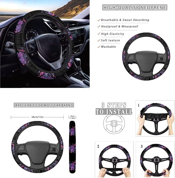 Ystardream Elegant Floral Car Seat Covers Full Set Car Accessories for Teen Girly Interior Cute Set Polyester Fabric Vehicle Seat Protector Covers with Steering Wheel Cover Machine