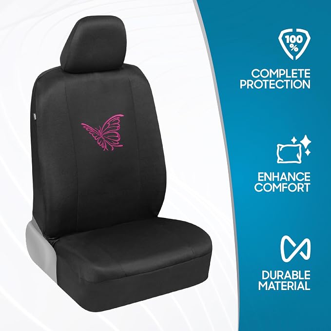 BDK Pink Butterfly Print Car Seat Covers, Full Set with Steering Wheel Cover and Seat Belt Pads, Front and Rear Universal Fit for Car Truck SUV Van, Cute Auto Interior Accessory for Women Girl