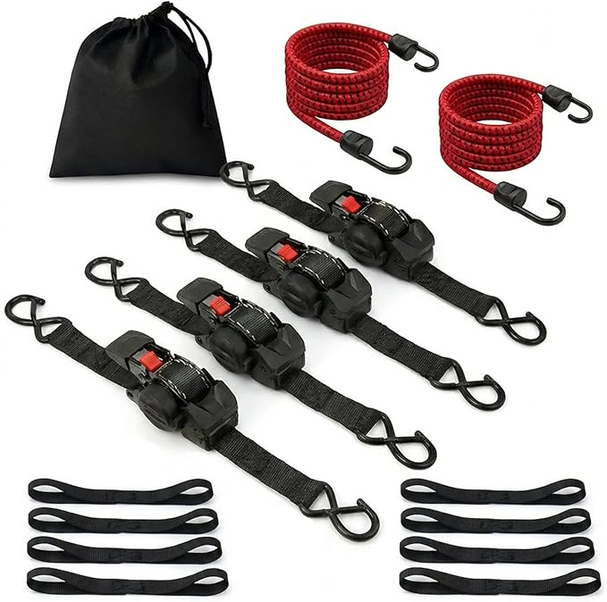 Retractable Ratchet Straps (4 Pack) - 1" x 10 ft Heavy Duty Tie Downs with Auto Retract and 1650 lb Break Strength for Cargo Trailer, Motorcycle, ATV - Includes Soft Loops and Bungee Cords