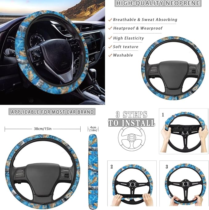 KEIAHUAN Blue Camo Hunting Car Seat Cover Full Set 11 Piece with Steering Wheel Cover/Headrest Cover/Gear Shift Cover/Handbrake Cover/Cup Coasters Universal Fit for Minivan,SUV,Sedan,Truck