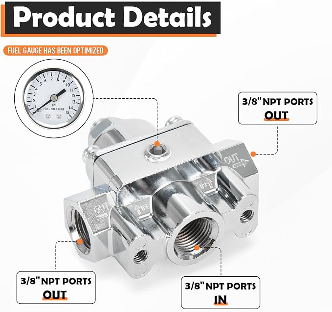 12-803 Adjustable Fuel Pressure Regulator with Gauge, Compatible with Holley and Edelbrock Carburetors, 4.5-9 PSI, 3/8" NPT, 1-in 2-Out