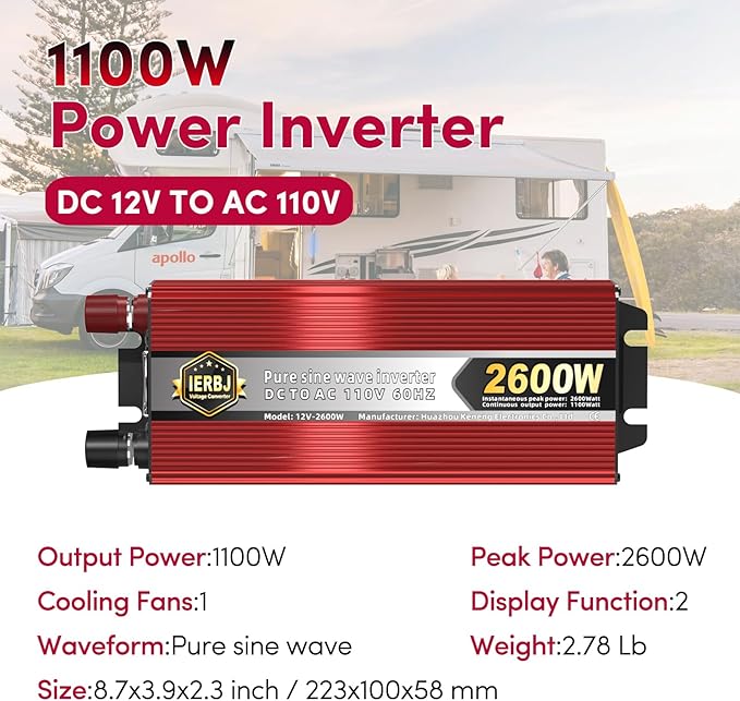 IERBJ 1100W Power Inverter, DC 12V to AC 110V, 2600W Peak Power, LED Display, Pure Sine Wave,Cooling Fan,for Vehicles,Car,RV,Truck,Ship