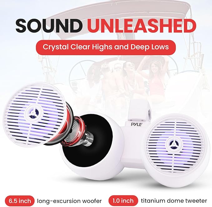 Pyle Dual Waterproof Off-Road Speakers - 6.5" 200W 2-Way Marine Wakeboard Tower Sound System w/LED Light, Full Range Outdoor Stereo Speaker for Car, ATV, UTV, Jeep, Boat, Includes Brackets (White)