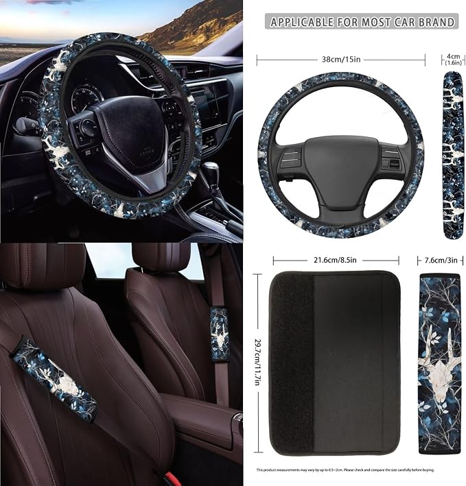 Deer Leaf Tie Dye Print 15PCS Car Accessories, Universal Car Seat Covers Steering Wheel Cushion Seat Belt Pad Coasters Trash Can Keychain Air Vent Storage Bag Universal Fit Most Cars