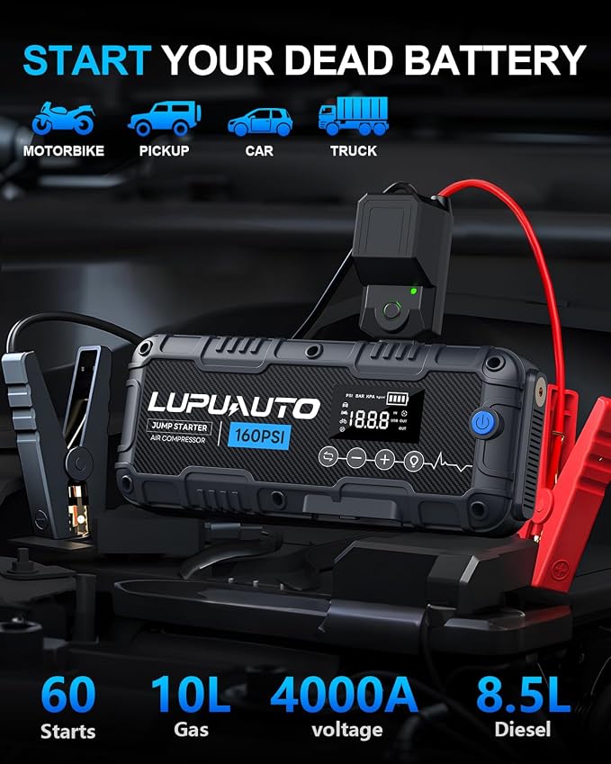 4000A Jump Starter with 160PSI Air Compressor 12V Battery Booster LED Pack | 10L Gas/8.5L Diesel, Low Voltage Forced Start, Automatic Inflation Presets, Heavy-Duty Safety Clamps