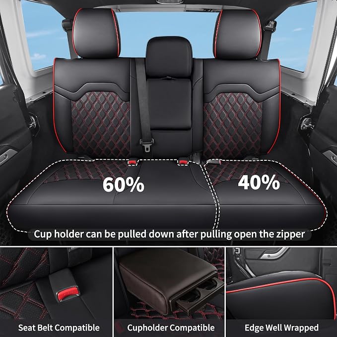 Huidasource Seat Covers for Jeep Wrangler JL 2018-2026, Cupholder Compatible, Waterproof Leather Seat Cover Full Set for Jeep Wrangler JL 4-Door, Custom Fit Seat Cushion Covers (Full Set/Black&Red)