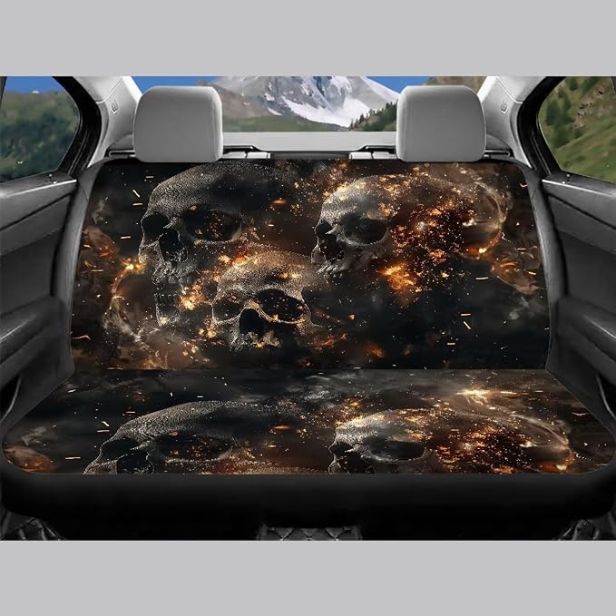 13pcs Flame Skull Print Car Seat Covers with Car Steering Wheel Covers, Armrest Pad Protectors, Seat Belt Covers and Keychain Coasters Universal Fit SUV Truck Cars Women Men Gift
