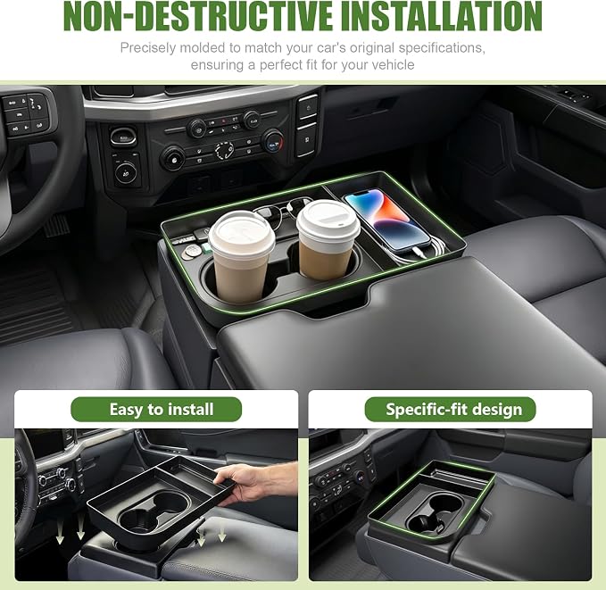 Center Console Cupholder Organizer for 2021-2025 Ford F150 & 2023-2026 F250 F350 F450 F550 F600 Super Duty Cup Holder Coaster Inserts Tray for Ford Super Duty Accessories(Jump Seat Only)
