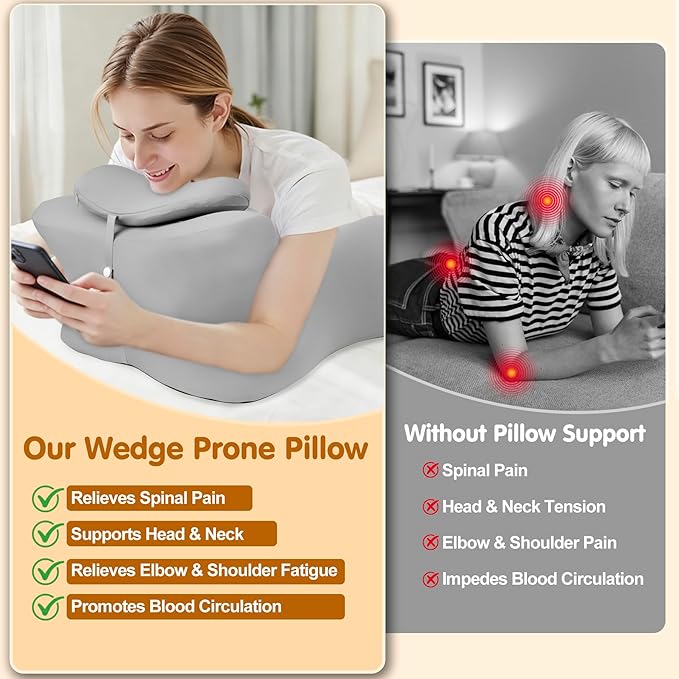 MYFAMIREA Memory Foam Ergonomic Wedge Pillow for Adults - Prone Pillow for Bed Sleeping, Reading, Memory Foam Ergonomic Cushion for Back Support, Sitting Up and Back Pain, with Removable Cover (Gray)