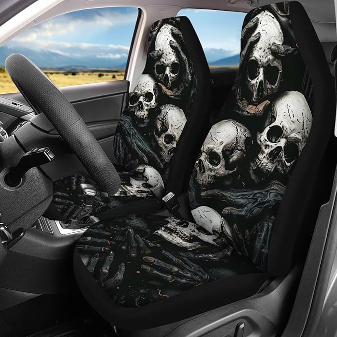 Horror Skeleton Pattern Auto Seat Cover Set of 13, Car Front & Back Seat Cover with Steering Wheel Cover, Seat Belt Covers Cup Holder Keychain, Fit for Most Cars SUV