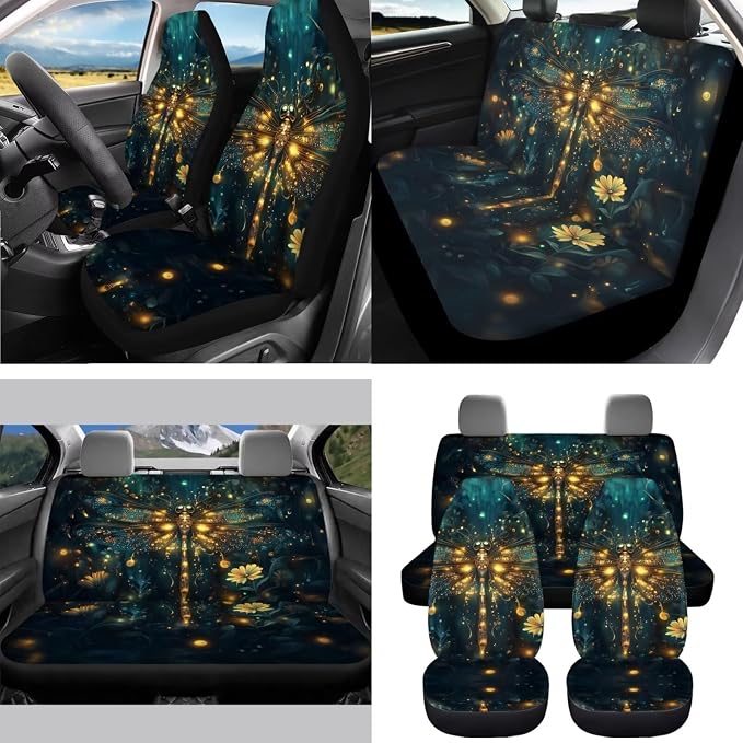 Green Dragonfly Car Seat Covers Full Set for Women,Turtle Steering Wheel Cover Seat Belt Cover Pad Cup Car Coasters Trash Can Car Headrest Pillow Covers Armrest Pad,15 Pcs Set