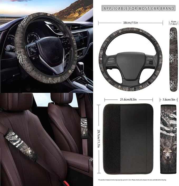 Deer Wood American Flag Pattern 15 PCS Car Interior Accessories, Car Seat Covers + Steering Wheel Cover + Seat Belt Pad + Trash Can + Keychain + Air Vent Storage Bag + Coasters