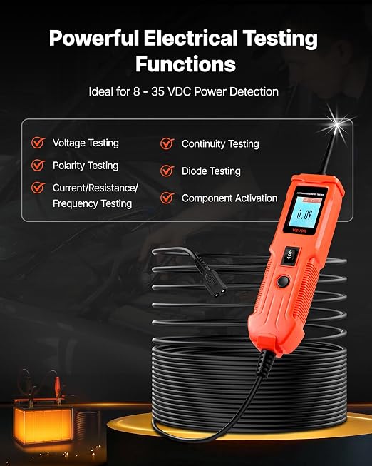 VEVOR Automotive Circuit Tester, 8-35 DCV Power Circuit Probe Tester with TFT Color Display and Lighting, Automotive Power Tester Probe with 13 ft / 4 m Cable, ABS Shell Electrical Detector Finder
