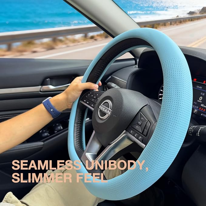 PINCTROT D Shaped Nappa Leather Steering Wheel Cover, Slim Fit No Bulk Design, One Piece Leather with Breathable Perforation, Fit Like Gloves, Flat Bottom 14.5-15 Inch(Nappa Aqua)