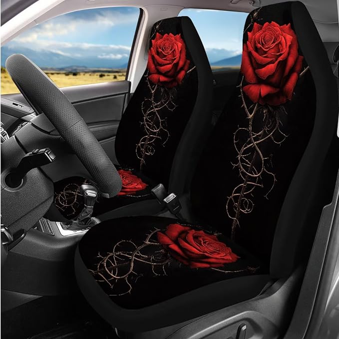 BIGCARJOB 12 Pcs Car Seat Covers Full Set for Women Interior Accessories Auto Seat Protector Set Red Rose Armrest Cushion,Seat Belt Pads,Steering Wheel Covers