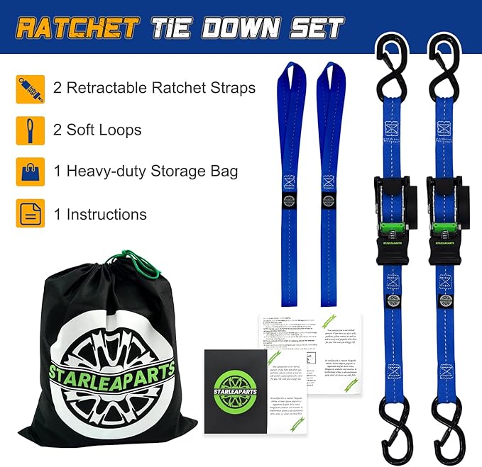 STARLEAPARTS Retractable Ratchet Straps(2PK 1.0INX12FT) - 1,500lb Break Strength, Ratchet Strap Heavy Duty with Rubber Coated Handle, Perfect Auto Ratchet Straps for Motorcycle, Kayak and Trucks