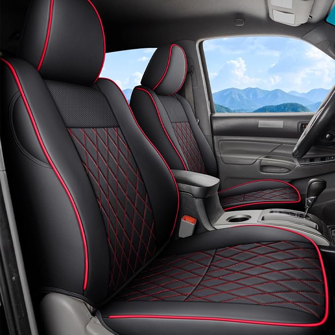 Coverado Tacoma Seat Covers, Car Seat Covers Front Seats, Leather Seat Covers for Cars Car Seat Protector Cushion Tacoma Accessories Custom Fit 2005-2023 Toyota Tacoma Double/Crew Cab(Red)