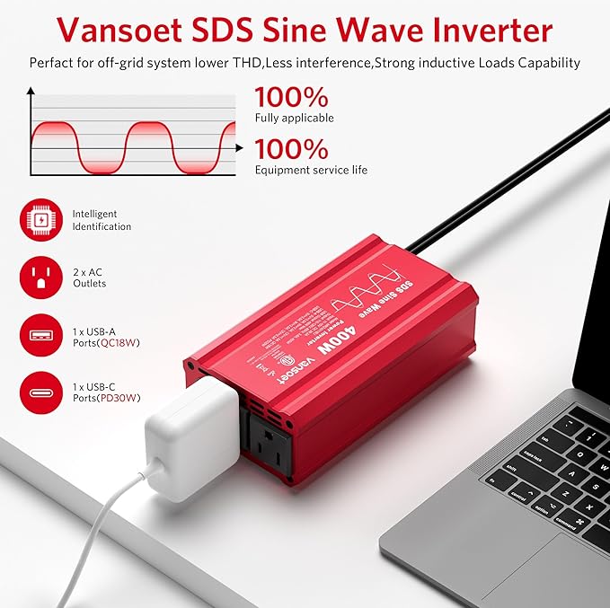 【2026 Upgraded】 400W Peak Clipped Sine Wave Car Power Inverter DC 12V to AC(2 Outlets) 110V Car Charger Plug Adapter Power Converter with PD3.0 & QC18W Dual USB Charging Ports (Red) (Red)