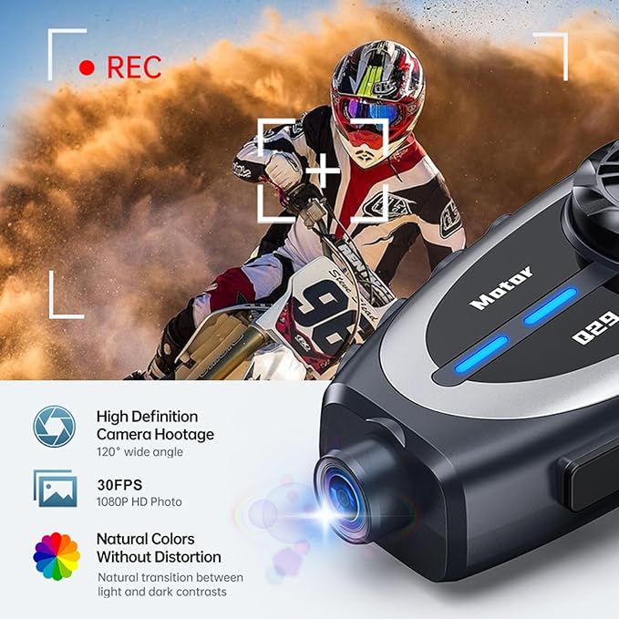 Motorcycle Helmet Intercom with Camera 1080P – Wireless5.4 Helmet Headset with WiFi, Voice Assistant, Support 1600FT Intercom, Noise Reduction, IP56 Waterproof, 1500mAh Battery, Music Sharing