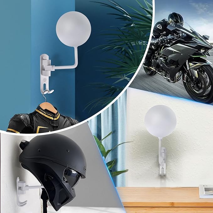 Kikerike Motorcycle Helmet Holder Wall Mount 180 Degree Rotation Metal Bike Helmet Rack Mount Bicycle Helmet Display Stand Hanger with 2 Hooks for Motorcycle Bike Baseball Rugby Helmet - White, 2 Pcs