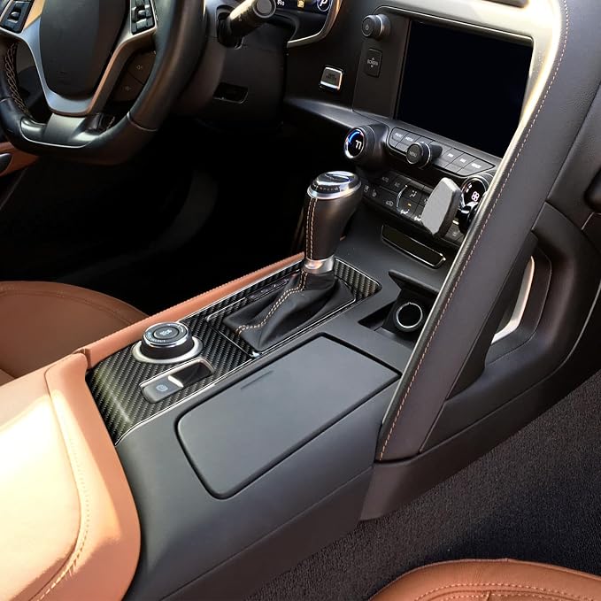 Real Carbon Fiber Center Control Gear Shift Panel Trim Compatible with Corvette C7 2014–2019, Interior Decal Sticker Accessories