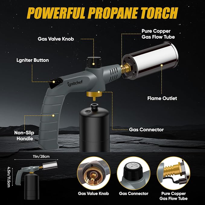 Propane Torch Gun with Adjustable Flame, Blow Torch Gun for BBQ, Campfire Starter, Welding, Searing Steak (Propane Tank Not Included)