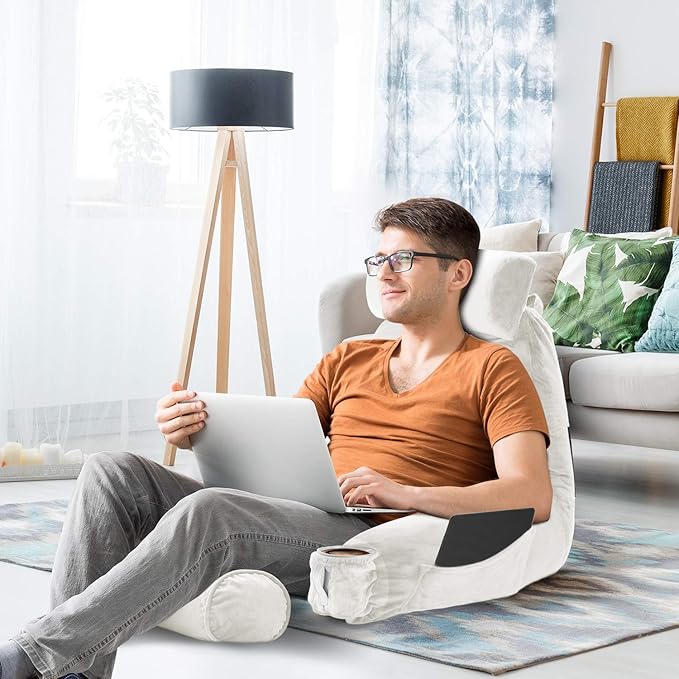 Nestl Reading Pillow with Shredded Memory Foam Includes 2 Neck and Lumber Support Pillows, Designed for Sitting Up in Bed and Couch, Back and Arms Adjustable Support for Adult & Teens, White